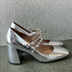 Bibi Lou Milena Double Strap Silver Mary Jane Heels Size 38 Festival Rave Party